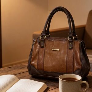 Stone & Co. | Two-Tone Brown Leather Shoulder Tote Purse with Silver Detail